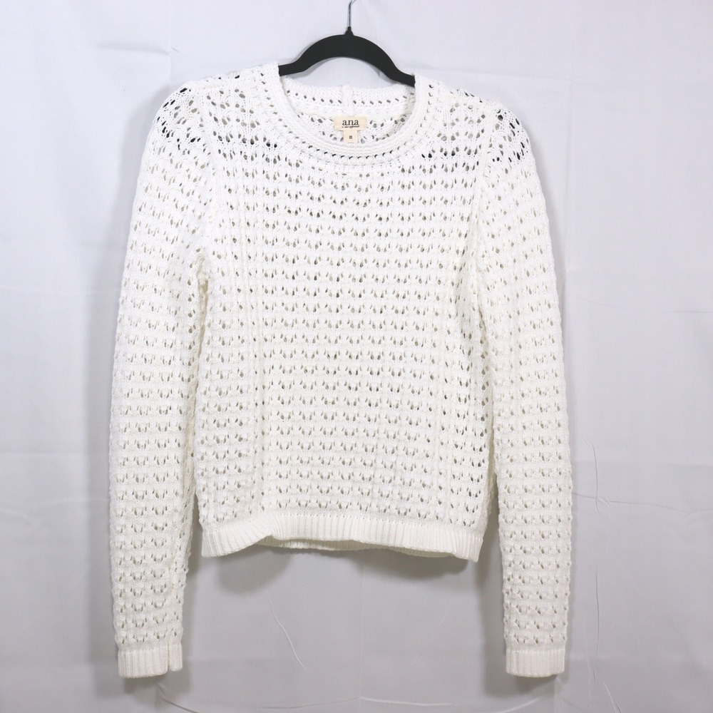 ana‎ Crochet Sweater XS White Womens Pointelle Knit Pullover